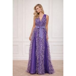 HUISHAN ZHANG Women's Purple 100% Silk Beau Feather Trim Maxi Gown Size US 6
